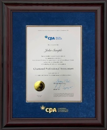 Glossy mahogany wood frame for the vertical 10x13.5 CPA certificates, with blue velvet mat board, gold fillet inlay & gold CPA logo in a 14x18 frame. (120953-14x18-BLV/GF.GFS)